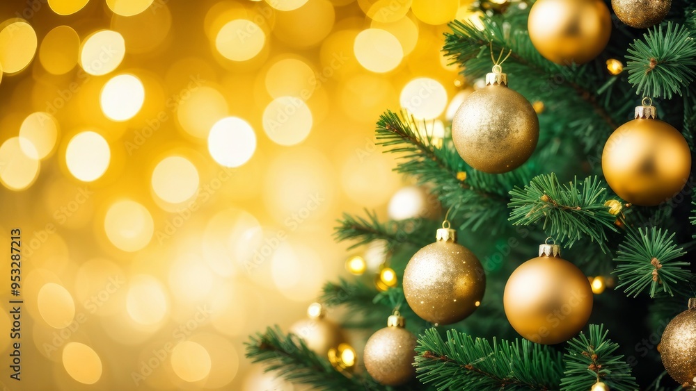 A Christmas tree with golden balls on a golden bokeh background, with a place to copy the text. A Christmas tree with golden balls on a golden bokeh background, with a place to copy the text.
