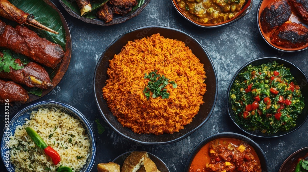 A table full of traditional Nigerian food with many different dishes, including rice, beans, and meat A table full of traditional Nigerian food with many different dishes, including rice, beans, and meat