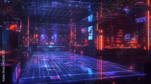 A futuristic, neon-lit interior featuring a high-tech control room with numerous vivid screens and glowing, geometric panels. The room is filled with a cyberpunk aesthetic, with vibrant colors like bl