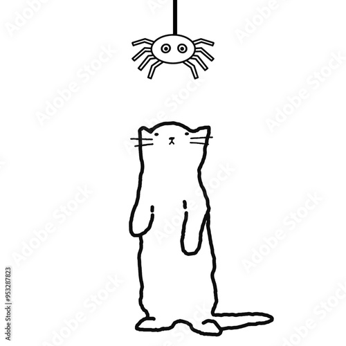 halloween cat doodles illustration cat trying to reach a spider vector outline funny halloween illustration doodles photo