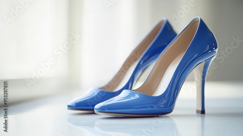 Pair of elegant blue high heels with a peep-toe design, set on a white background, showcasing their stylish and unique features in a clean and modern setting.