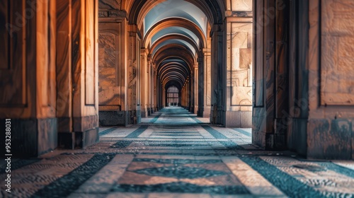 abstract perspective of the hallway, focusing on the patterns and textures of the arched doorway