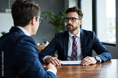 Professional Business Meeting: Bank Employee and Client Discuss Financial Matters in Modern Office Setting