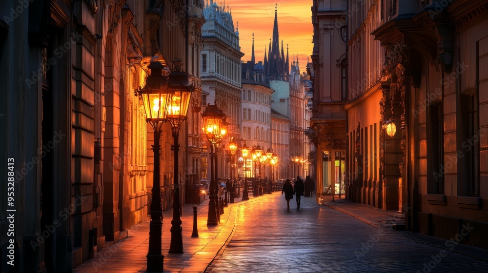 Panoramic view of a city street with elegant street lamps and historic buildings, illuminated in warm light, creating a charming nighttime atmosphere. Panoramic view of a city street with elegant street lamps and historic buildings, illuminated in warm light, creating a charming nighttime atmosphere.