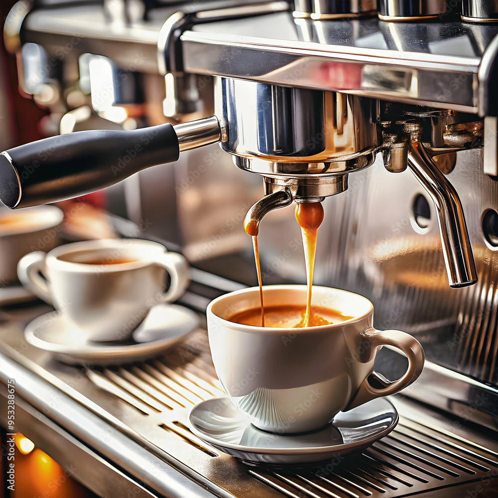 A dynamic view of espresso streaming from a café espresso machine, filling a cup with creamy.The stainless steel machine, with a hint of café activity in the background A dynamic view of espresso streaming from a café espresso machine, filling a cup with creamy.The stainless steel machine, with a hint of café activity in the background