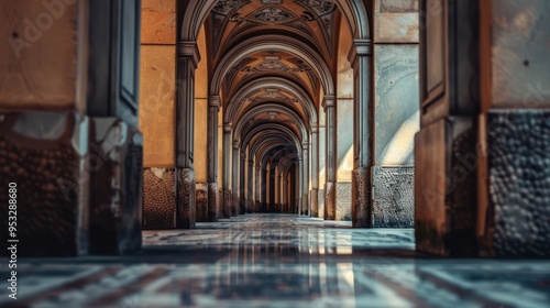 abstract perspective of the hallway, focusing on the patterns and textures of the arched doorway