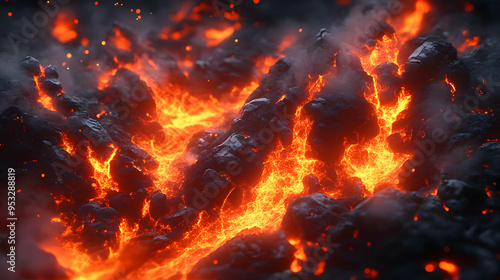 Close-up of molten lava flowing through black rocks.