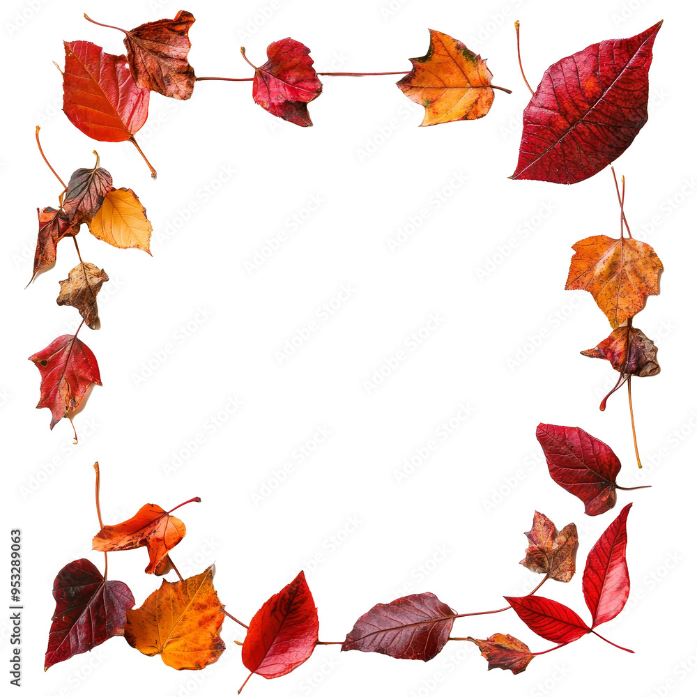 Fototapeta premium A collection of colorful autumn leaves forms a beautiful border, perfect for enhancing seasonal crafts and designs, autumn leaf frame border on transparent background