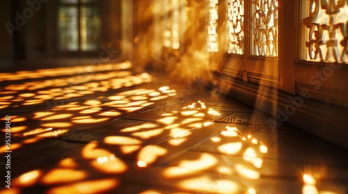 artistic close-up of the sunlight casting intricate patterns through the window onto the hallway floor