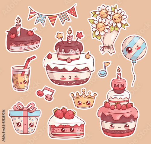 Holiday stickers set. Isolated kawaii cartoon character. Festive birthday cake with candles and strawberries, crown, bouquet flowers, gift, balloon, crown, note and glass lemonade. Vector illustration