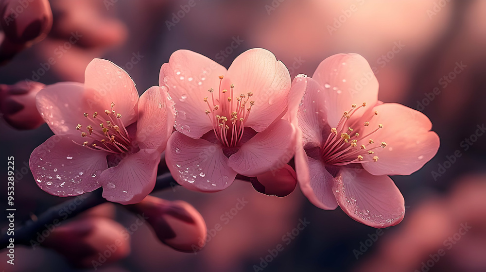 Close-up of pink flowers with dew drops. Close-up of pink flowers with dew drops.