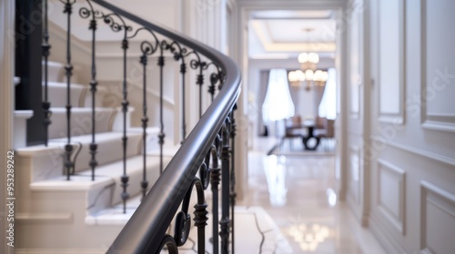 A detailed view of the staircase railing, emphasizing its modern design against the hallway's classic elements