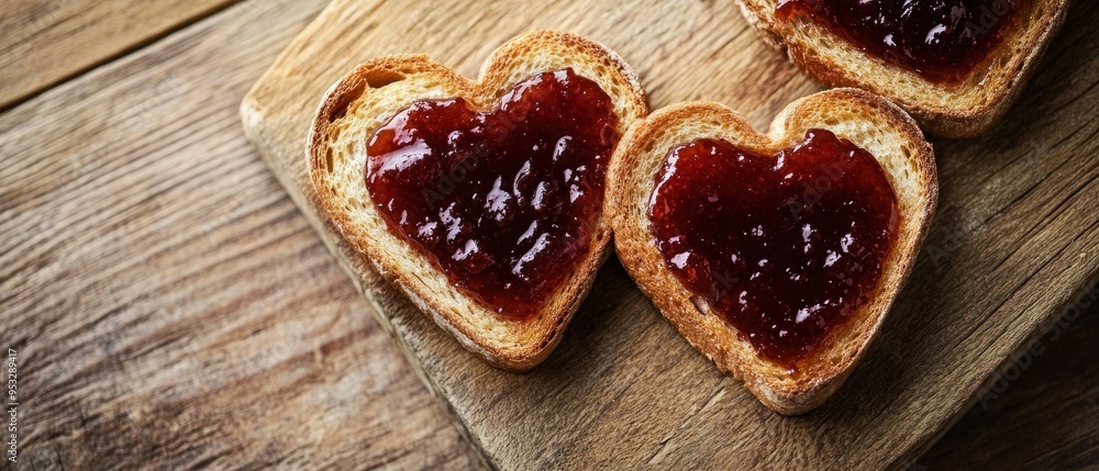 Heart-Shaped Toasts with Red Jam on Wooden Board Heart-Shaped Toasts with Red Jam on Wooden Board