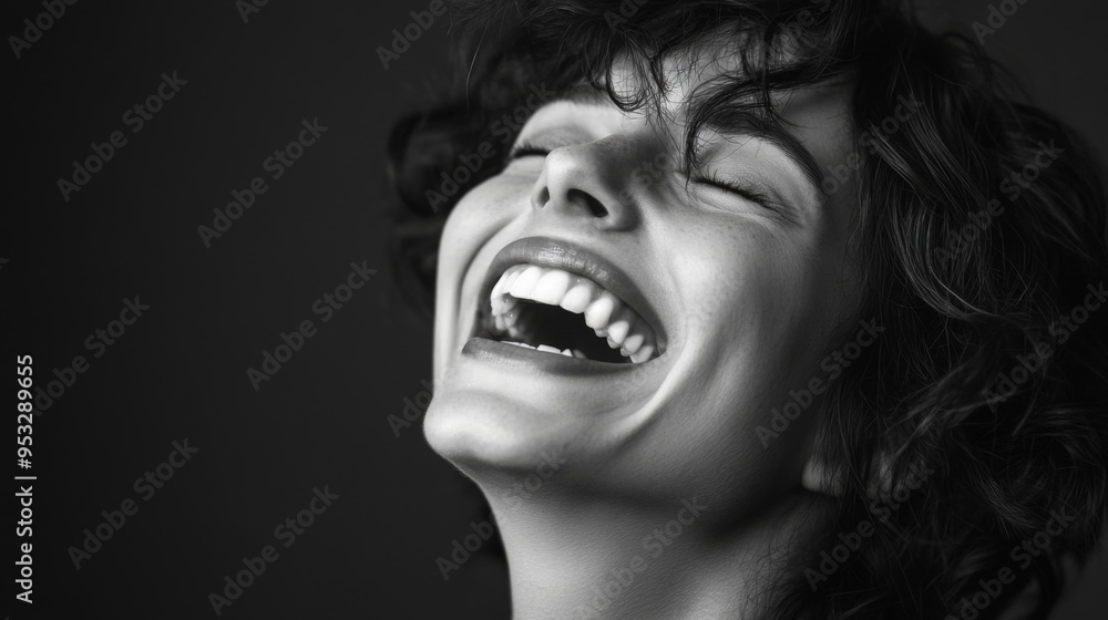 Portrait of a woman laughing joyfully with her eyes closed and head tilted back, capturing the genuine emotion and happiness in her expression. Portrait of a woman laughing joyfully with her eyes closed and head tilted back, capturing the genuine emotion and happiness in her expression.