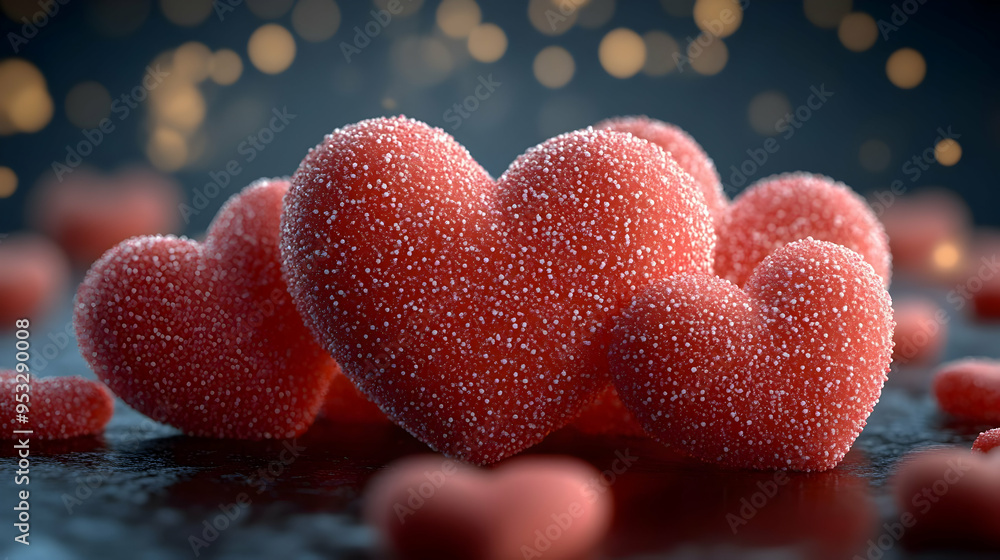Fototapeta premium Close-up of red heart-shaped candies with a bokeh background.