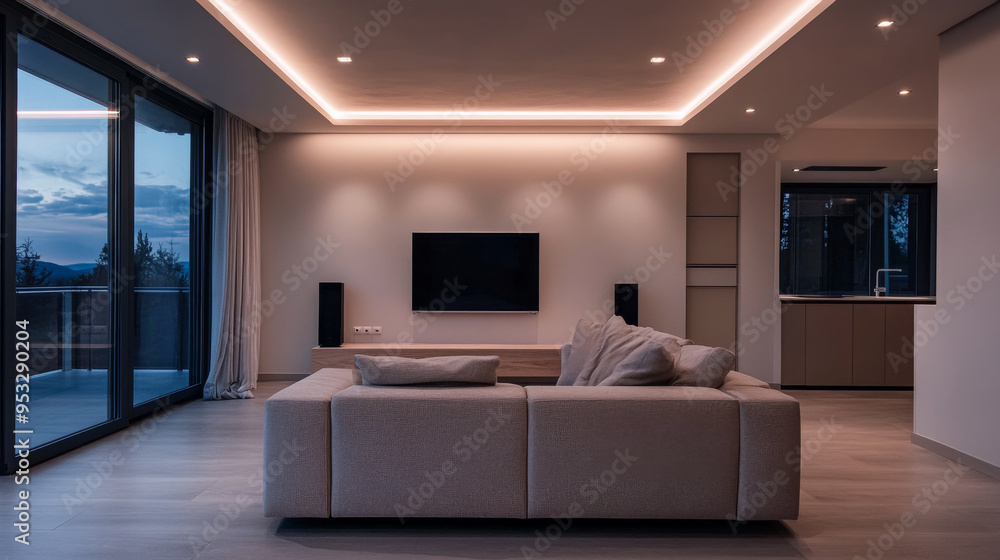 Modern minimalist living room interior with futuristic led lighting elements. Modern minimalist living room interior with futuristic led lighting elements.