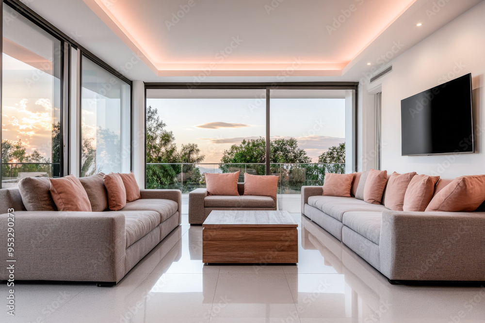 Fototapeta premium Modern minimalist living room interior with futuristic led lighting elements.
