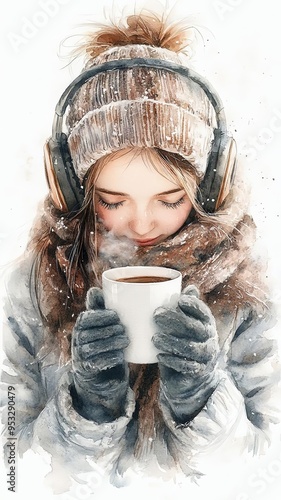 Lovely watercolor painting of a girl in a winter outfit with a furlined hood, holding a coffee cup, warm muted tones, on a white background photo