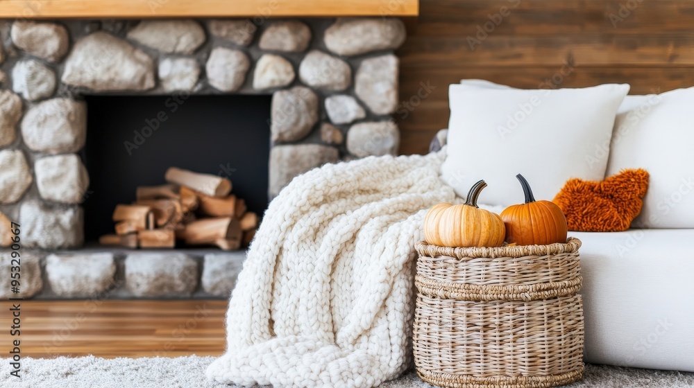 Warm living room featuring a cozy blanket, pumpkins, and a stone fireplace, perfect for autumn and festive decor inspiration. Warm living room featuring a cozy blanket, pumpkins, and a stone fireplace, perfect for autumn and festive decor inspiration.