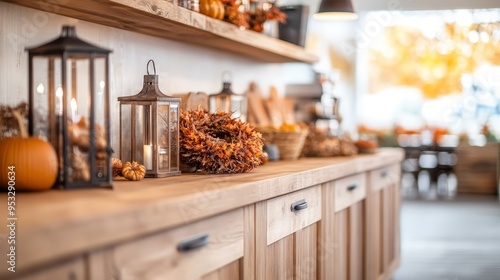 Warm and inviting autumn decor featuring lanterns, pumpkins, and natural elements on a rustic wooden surface.