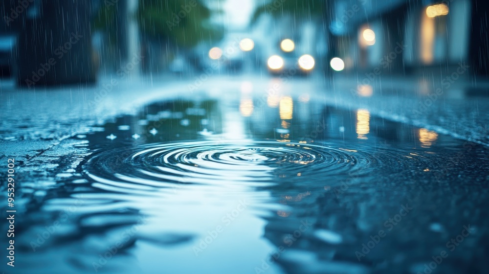 A close-up of a wet road with water ripples forming in a puddle, capturing the reflective and moody atmosphere of a rainy day in the city with cool, dark tones. A close-up of a wet road with water ripples forming in a puddle, capturing the reflective and moody atmosphere of a rainy day in the city with cool, dark tones.