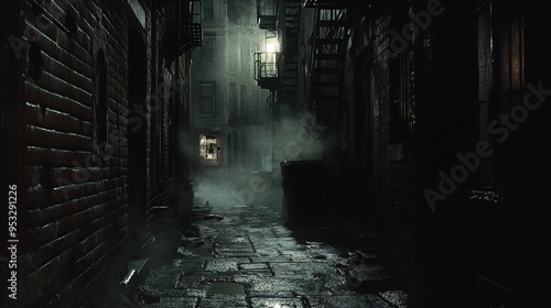 A dark, ominous alleyway at night with brick buildings on either side. The narrow path is wet, with scattered puddles reflecting a dim light source from a window overhead and a street lamp in the back