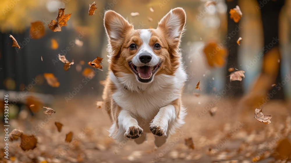 Cute dog running and playing in the park, surrounded by falling leaves, smiling with his tongue out Cute dog running and playing in the park, surrounded by falling leaves, smiling with his tongue out