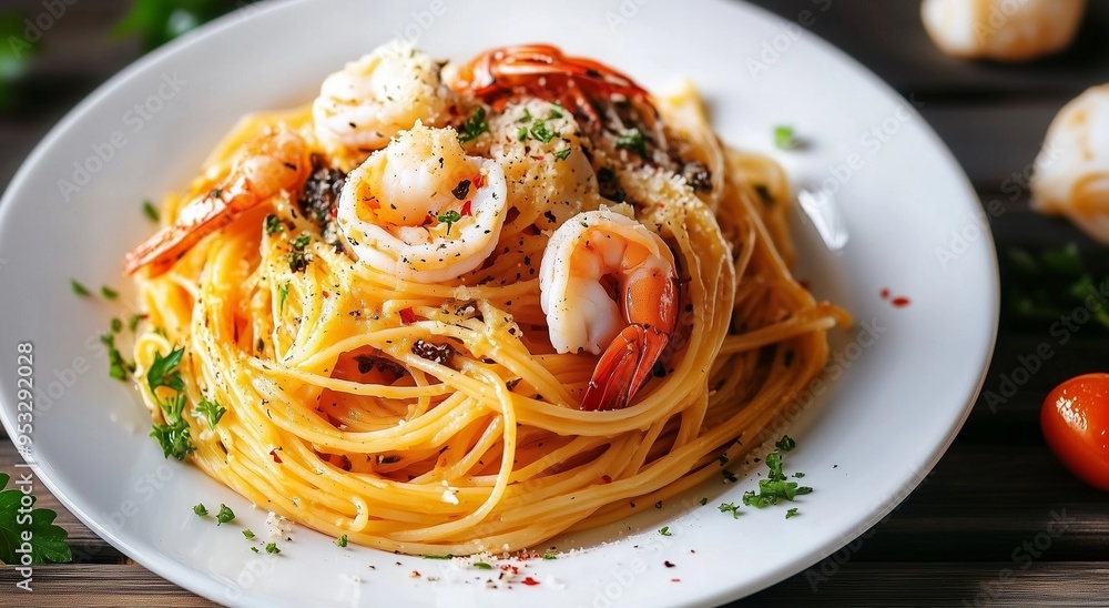 A Delicious Plate of Shrimp Pasta with Garlic and Fresh Herbs A Delicious Plate of Shrimp Pasta with Garlic and Fresh Herbs