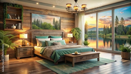 Serene lakeside retreat bedroom featuring reclaimed wood furniture, soft aqua accents, golden hour lighting, misty lake views, and lush greenery, evoking relaxation and tranquility.