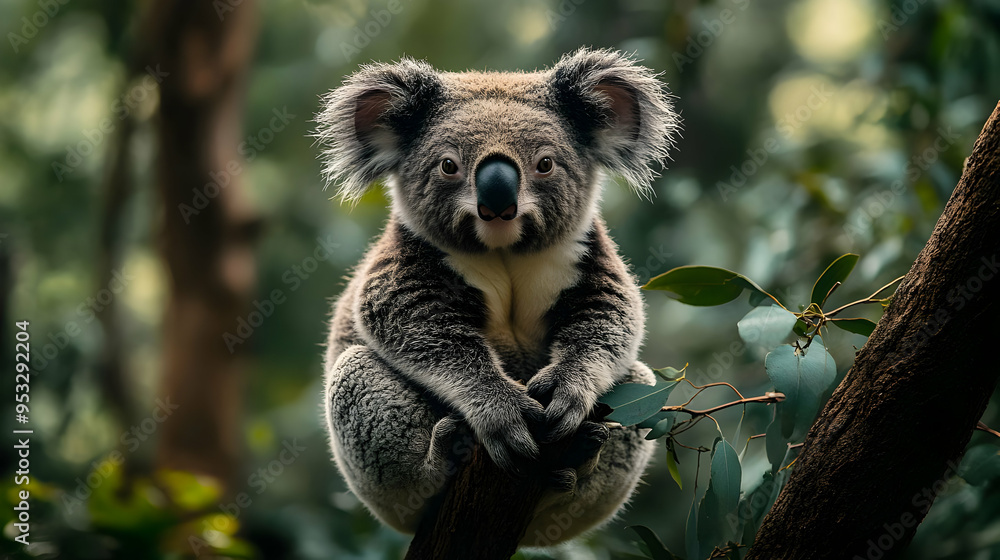 Fototapeta premium Close-up portrait of a koala sitting on a tree branch, looking directly at the camera.
