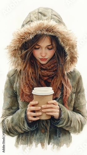 Lovely watercolor painting of a girl in a winter outfit with a furlined hood, holding a coffee cup, warm muted tones, on a white background photo