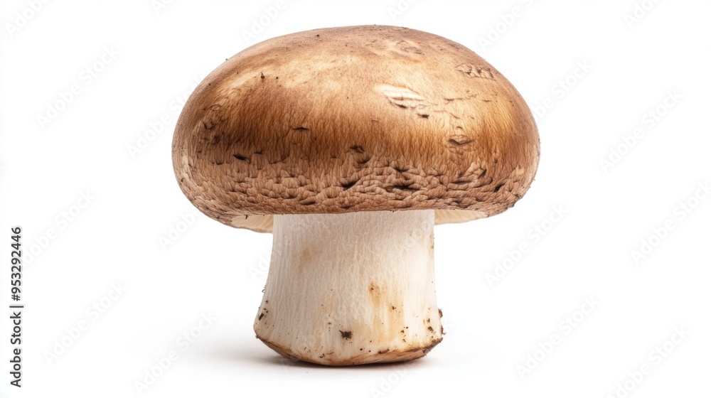 Single large button mushroom with a rich, earthy appearance, placed on a white background to emphasize its fresh and healthy qualities. Single large button mushroom with a rich, earthy appearance, placed on a white background to emphasize its fresh and healthy qualities.