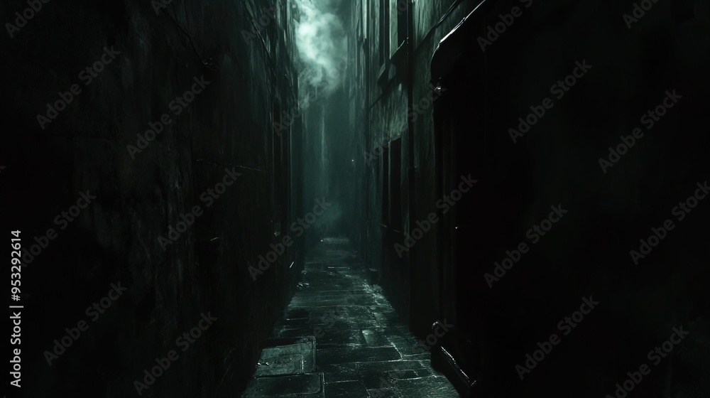 A dark, narrow alleyway with high stone walls enclosing it from both sides. The floor is cobblestone, wet and reflective, suggesting recent rain. The alleyway is dimly lit by an unseen source, and a m A dark, narrow alleyway with high stone walls enclosing it from both sides. The floor is cobblestone, wet and reflective, suggesting recent rain. The alleyway is dimly lit by an unseen source, and a m