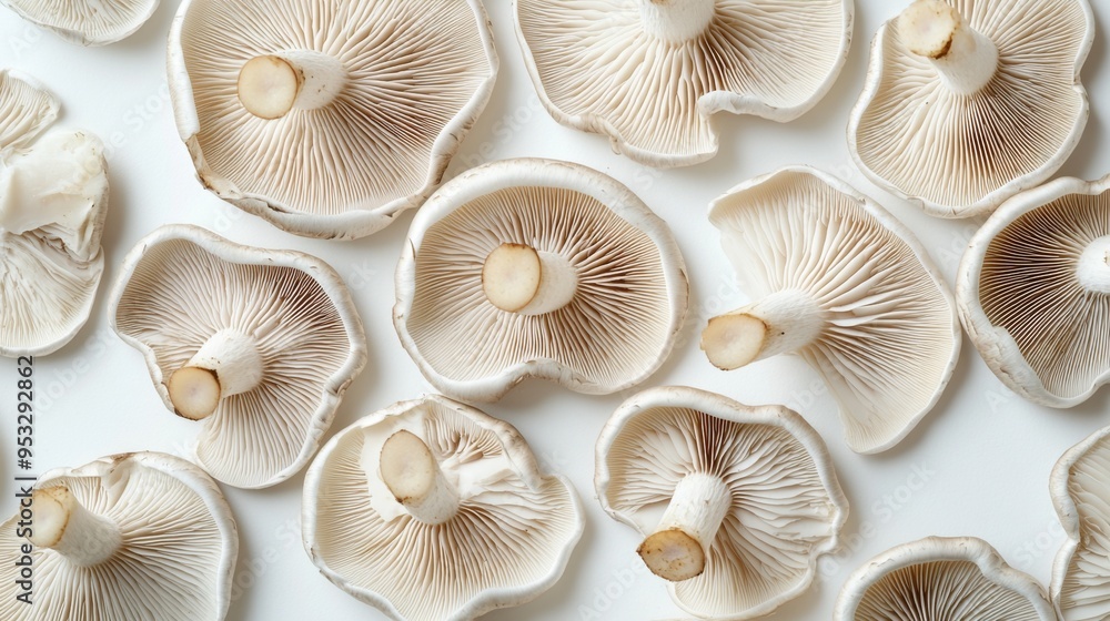 Sliced mushrooms arranged in a pattern on a white surface, with the intricate gills and texture clearly visible, perfect for culinary or recipe use. Sliced mushrooms arranged in a pattern on a white surface, with the intricate gills and texture clearly visible, perfect for culinary or recipe use.
