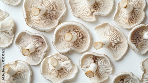 Sliced mushrooms arranged in a pattern on a white surface, with the intricate gills and texture clearly visible, perfect for culinary or recipe use.