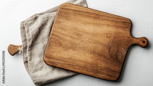 Minimalistic still life with a wooden cutting board and a cloth napkin on a white background. photo