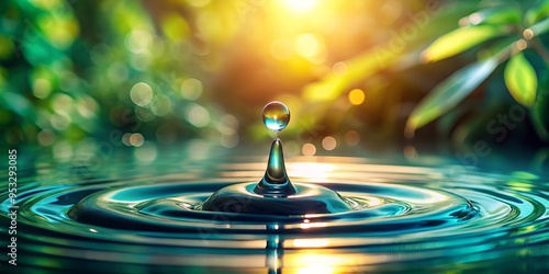 Serenene Macroperspective Ripplescape Highdefinition photograph of solitary water droplet splashing into rippled turquoise pool surrounded by  photo