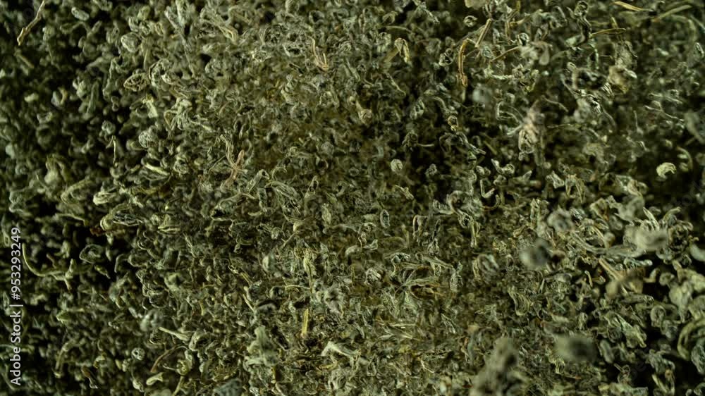 Super Slow Motion Shot of Dried Green Tea Flying and Rotating Towards Camera at 1000fps. Super Slow Motion Shot of Dried Green Tea Flying and Rotating Towards Camera at 1000fps.