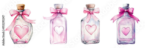 Watercolor set of glass bottles with a heart inside tied with a pink ribbon. Romantic bottles with a heart inside. Watercolor elements for Valentine's Day designs and more.