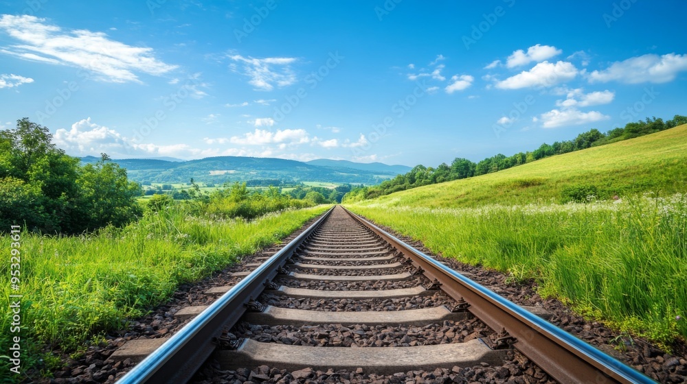 Straight railway tracks extending into the distance through a lush green landscape, with a clear blue sky above and a few clouds. Straight railway tracks extending into the distance through a lush green landscape, with a clear blue sky above and a few clouds.