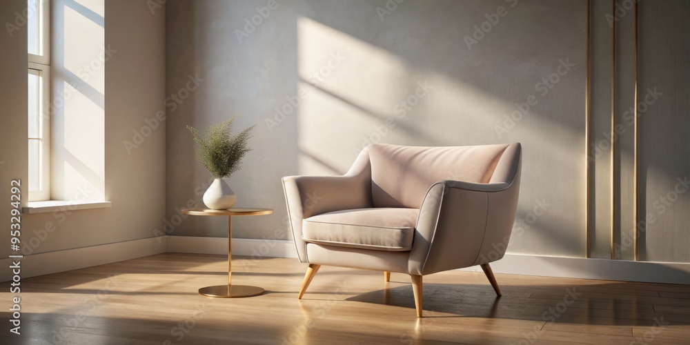 soft dawn light illuminates plush velvet armchair with golden legs amidst minimalist decor in serene Scandinavian-inspired bedroom with subtle morning shadows soft dawn light illuminates plush velvet armchair with golden legs amidst minimalist decor in serene Scandinavian-inspired bedroom with subtle morning shadows