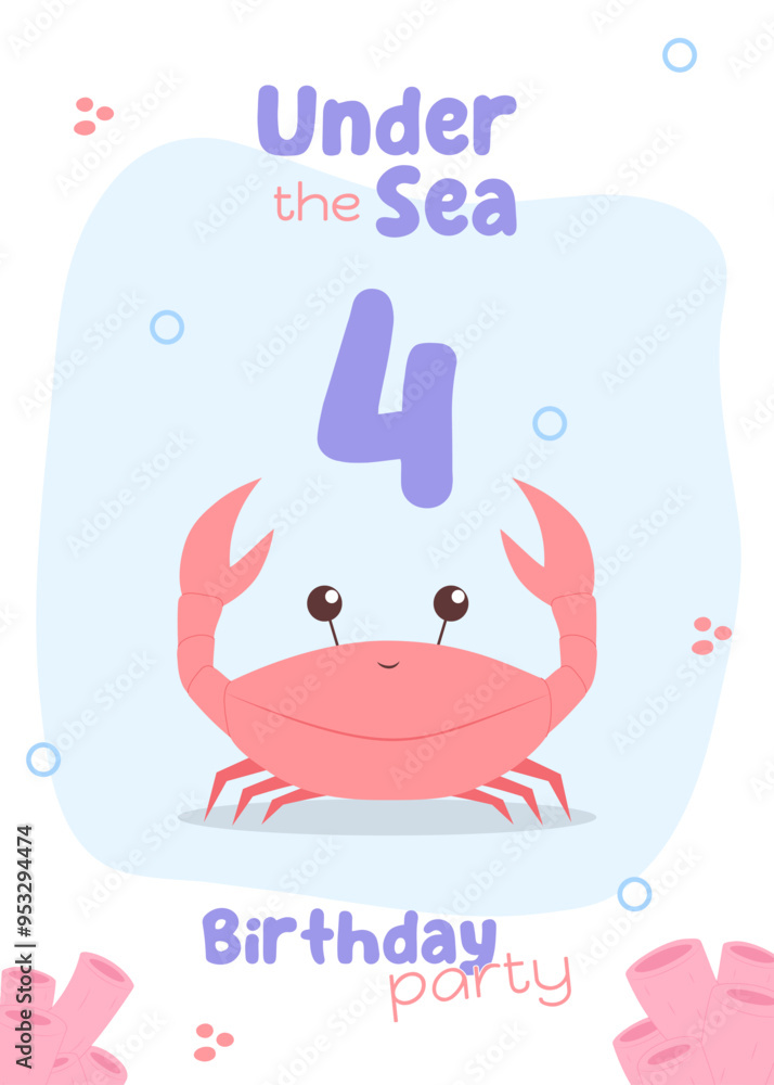 Fototapeta premium Sea adventure fourth birthday party card. Charming marine life invitation with a red crab and pink corals in light tones.
