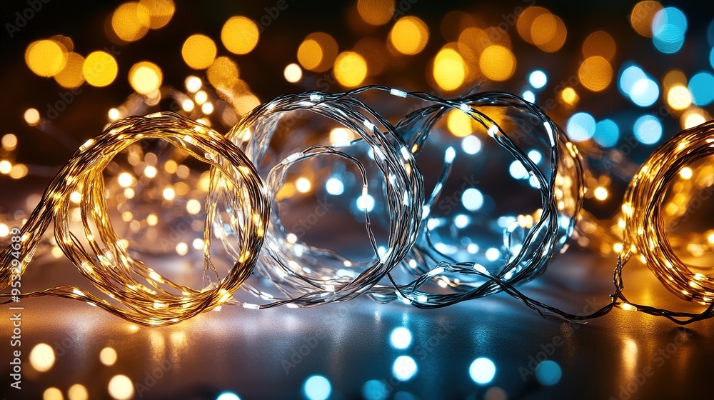 Colorful fairy lights in various hues arranged on reflective surface Colorful fairy lights in various hues arranged on reflective surface