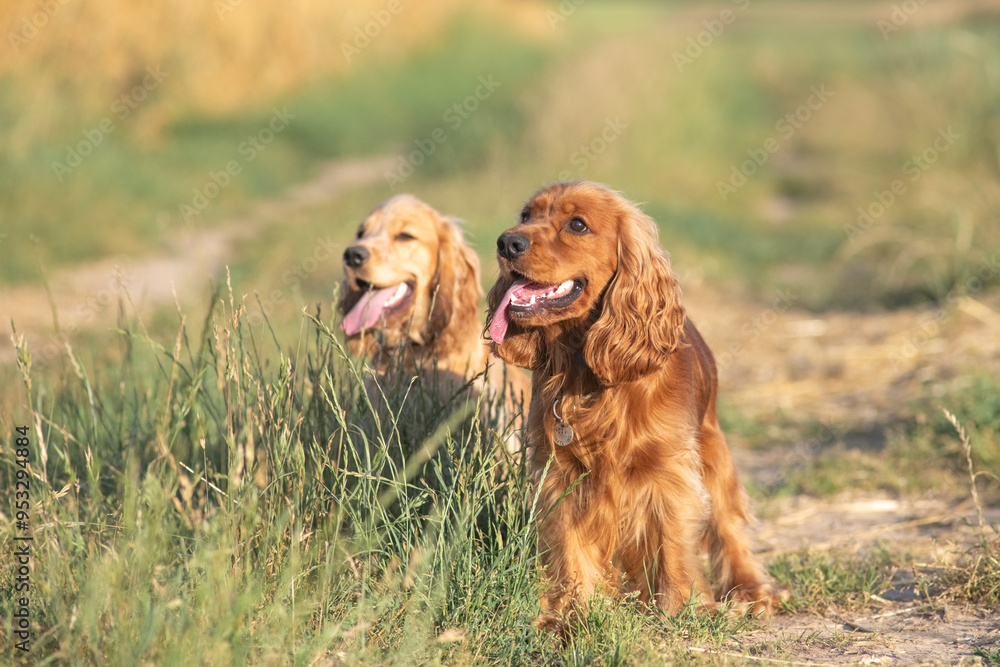 A beautiful cocker spaniel plays on the field. A beautiful cocker spaniel plays on the field.