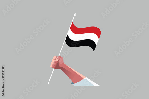 A hand holding an Yemen flag, Yemen national flag, Yemen flag vector illustration
 photo