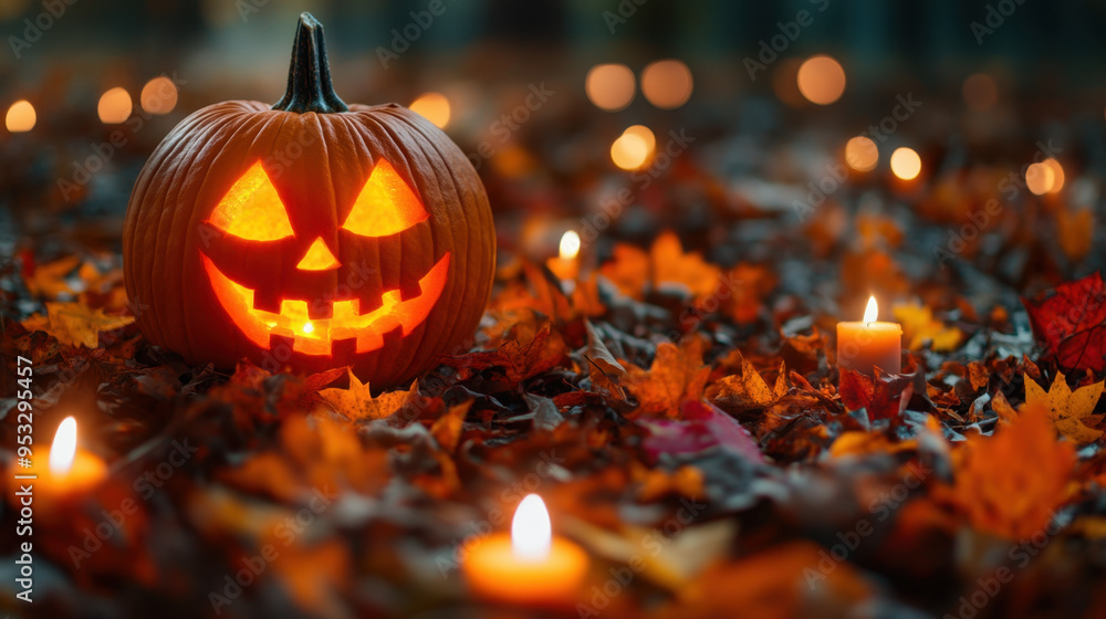 Halloween Jack o' Lantern, A festive Halloween scene featuring a carved jack o' lantern with candles surrounded by colorful autumn leaves Halloween Jack o' Lantern, A festive Halloween scene featuring a carved jack o' lantern with candles surrounded by colorful autumn leaves