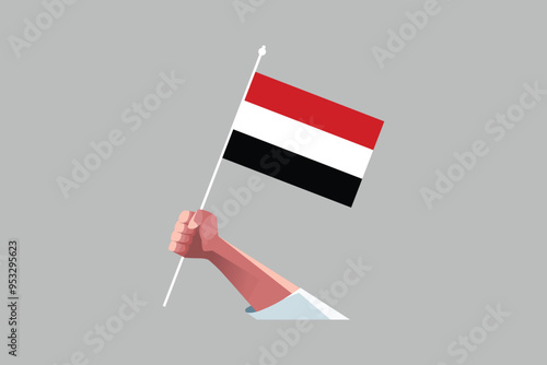 A hand holding an Yemen flag, Yemen national flag, Yemen flag vector illustration
 photo