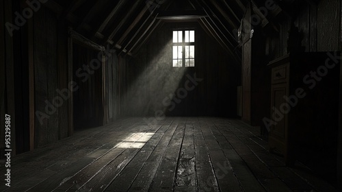 A dimly lit attic with wooden floorboards and walls, casting an eerie ambiance. A single window at the far end allows a few rays of sunlight to penetrate, slightly illuminating the dusty air and creat