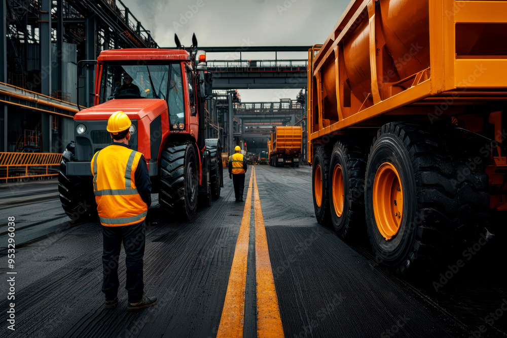 Heavy Workforce Workers in safety gear operating in an industrial zone, with factories ...
