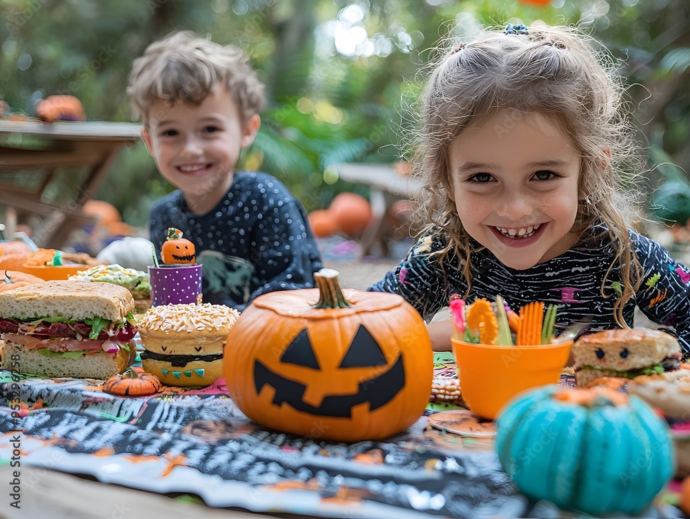Happy Halloween Kids Picnic with Pumpkins and Treats Happy Halloween Kids Picnic with Pumpkins and Treats